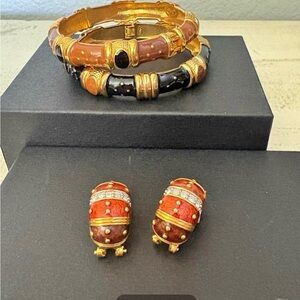 Joan Rivers Gold Enamel Bracelet + Clip Earrings Set - New